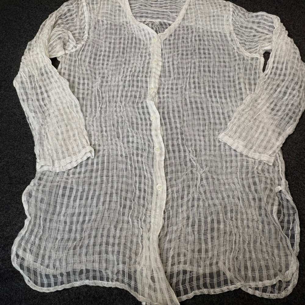 Whitewash White Crinkle Gauze Button Front Tunic Top Sheer Cotton Blend Medium